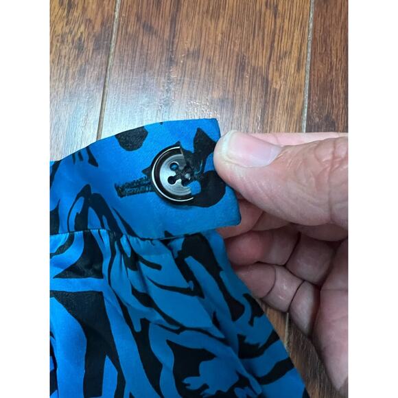 80s Silk Blue Black Leaf Block Boho Tribal Print Midi Skirt Modern Sz 4 - Picture 4 of 5